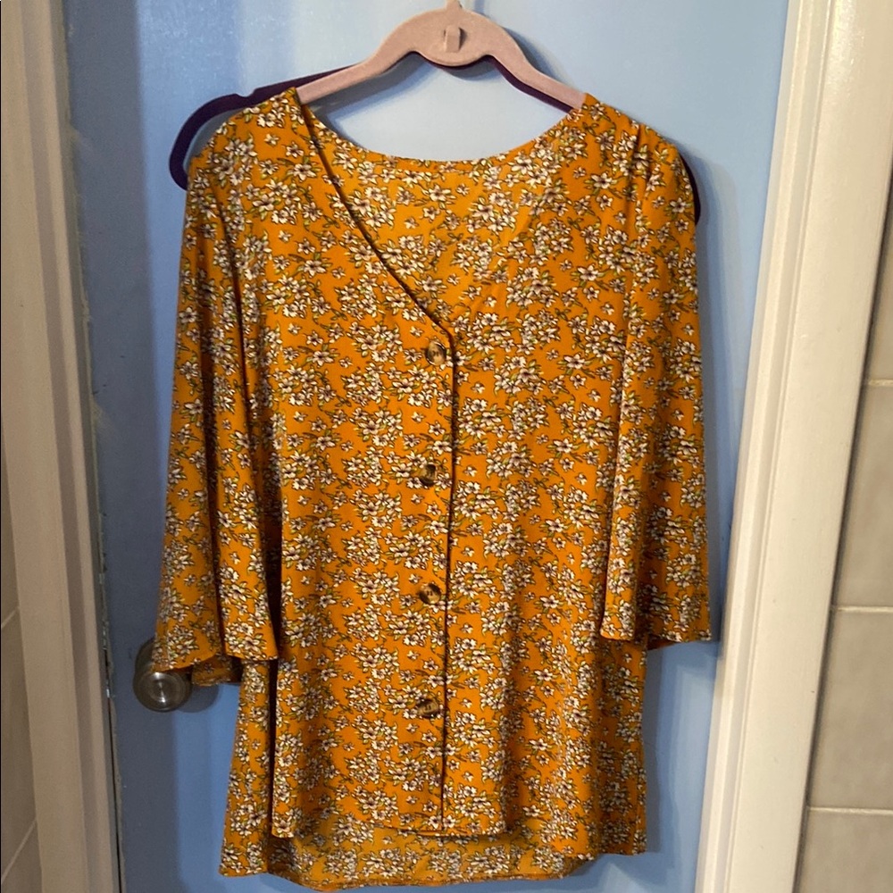 Mustard Yellow Button-Down Blouse with Relaxed Fit